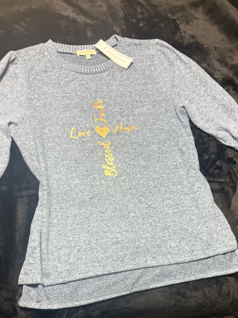 Girls' Heather Light Blue 3/4 Sleeve Top with Gold Script